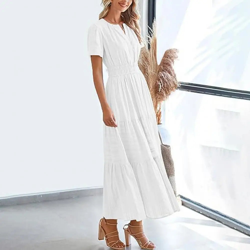 Celebration Party Outfit Elegant V-neck Maxi Dress with Smocked Waist Tiered Flowy Design for Women Summer Pleated Long Dress