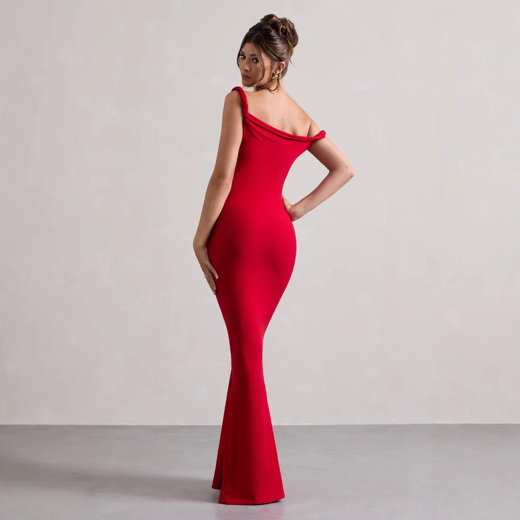 Western-style 2025 Autumn Cross-Border Women's Fashion Sexy Off-shoulder Oblique Shoulder Slim Fit Bodycon Solid Color Dress