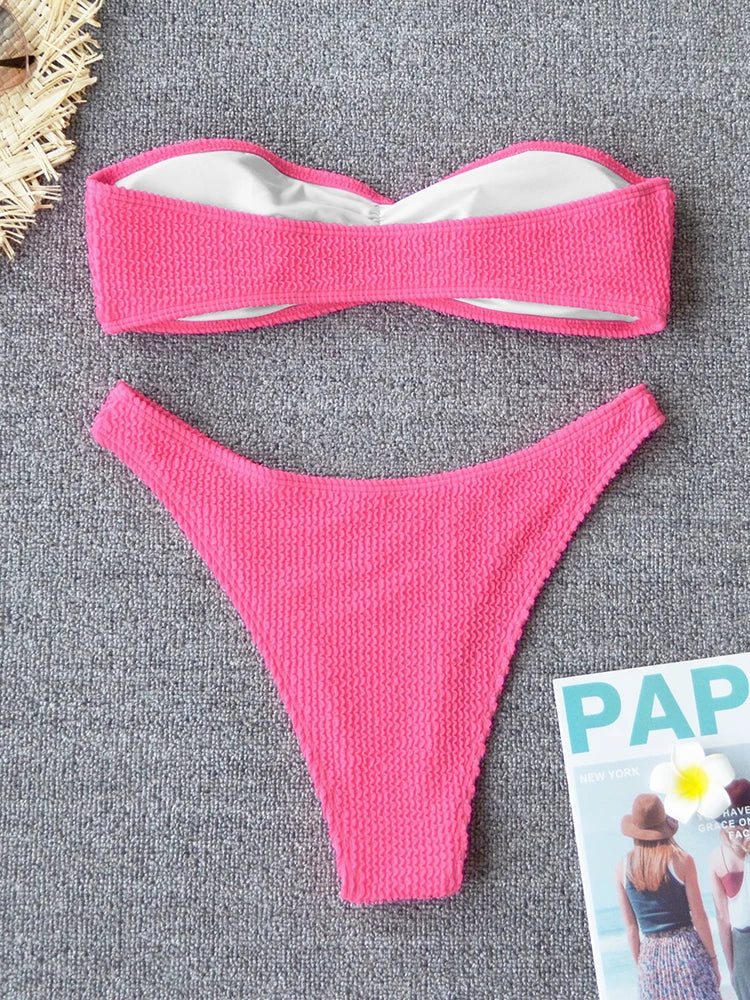 Sexy Textured Bikini 2025 Bandeau Swimsuit Women Swimwear Push Up Bikini Set Solid Bathing Suit Beach Wear Biquini Female