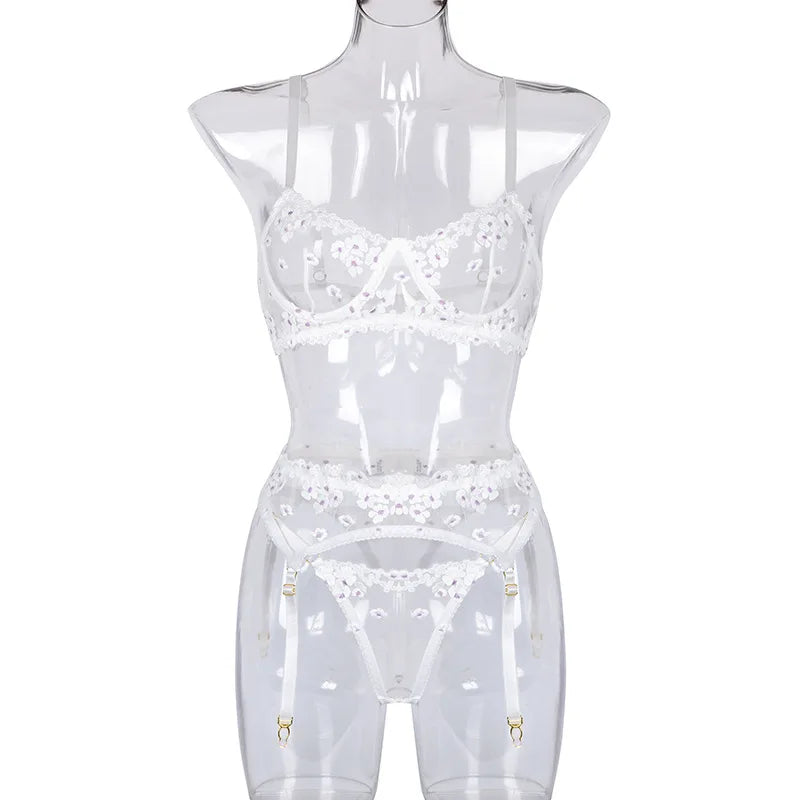 Floral Lace Transparent Bra & Thong Lingerie Set (3pcs)