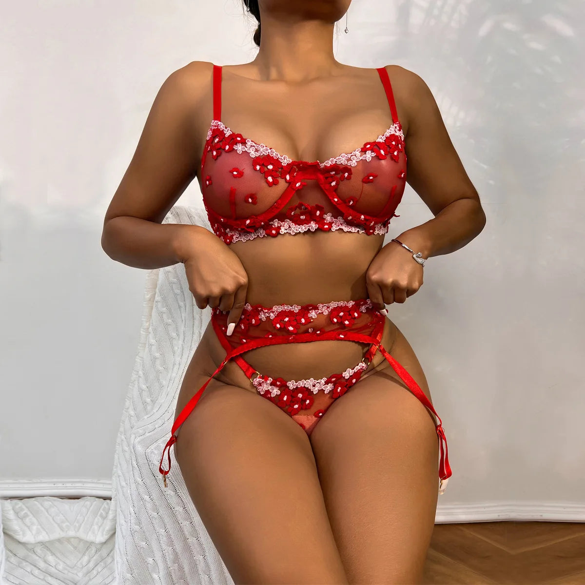 Floral Lace Transparent Bra & Thong Lingerie Set (3pcs)