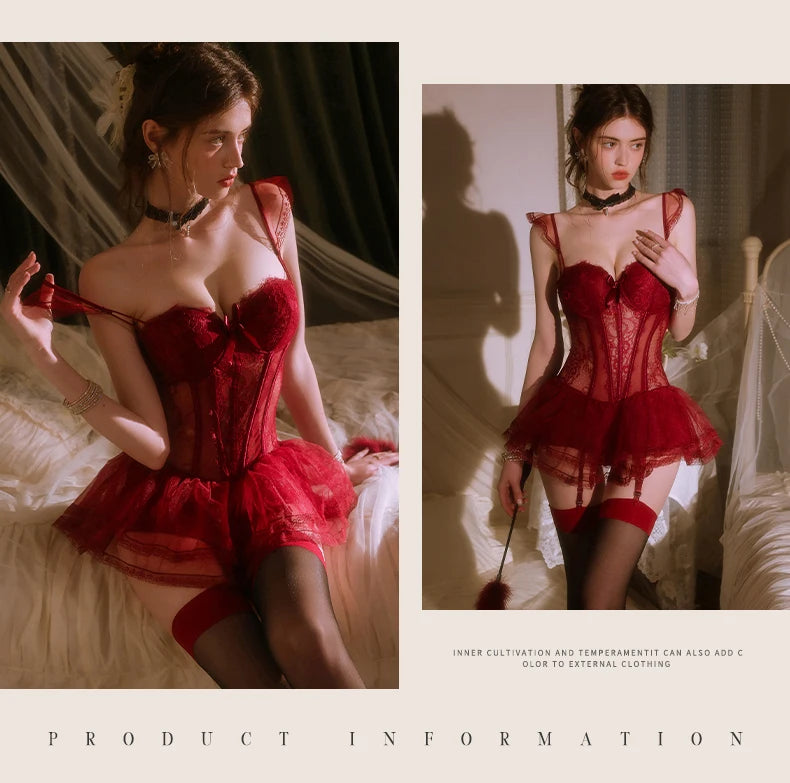 Sexy Red Lace Corset Bra & Brief Set Nightwear