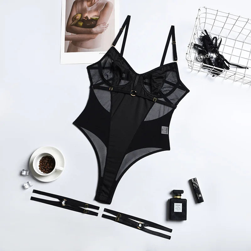 Backless Mesh Patchwork Bodysuit (Crotchless)