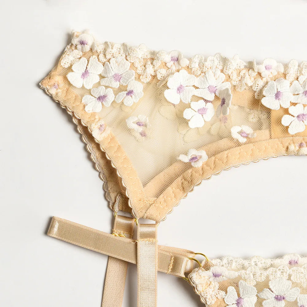 Floral Lace Transparent Bra & Thong Lingerie Set (3pcs)
