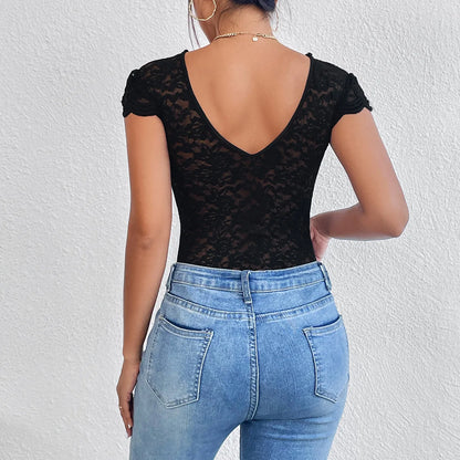 Women’s Floral Embroidery Lace Teddy – V-Neck Backless Bodysuit
