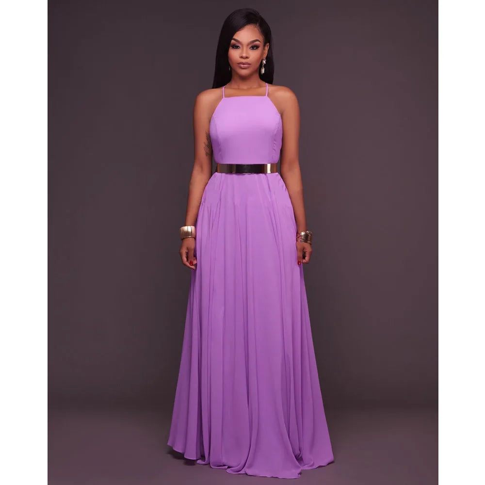 Fashion Women Summer Sleeveless Strap O neck Boho Dress Casual Long Maxi Evening Party Beach Backless Dress Sundress