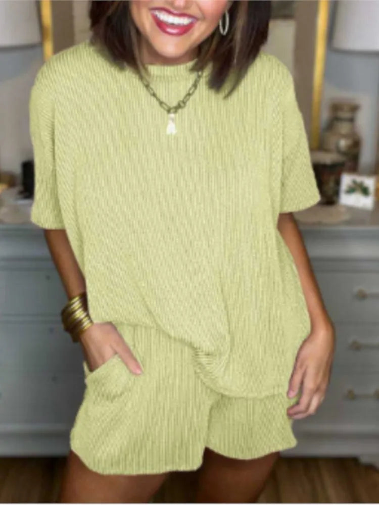 Summer 2-Piece Set – Solid O-Neck Short Sleeve T-Shirt & Loose Casual Shorts