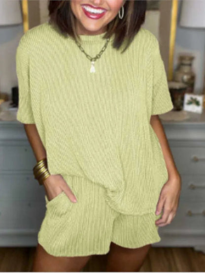 Summer 2-Piece Set – Solid O-Neck Short Sleeve T-Shirt & Loose Casual Shorts