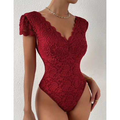 Women’s Floral Embroidery Lace Teddy – V-Neck Backless Bodysuit