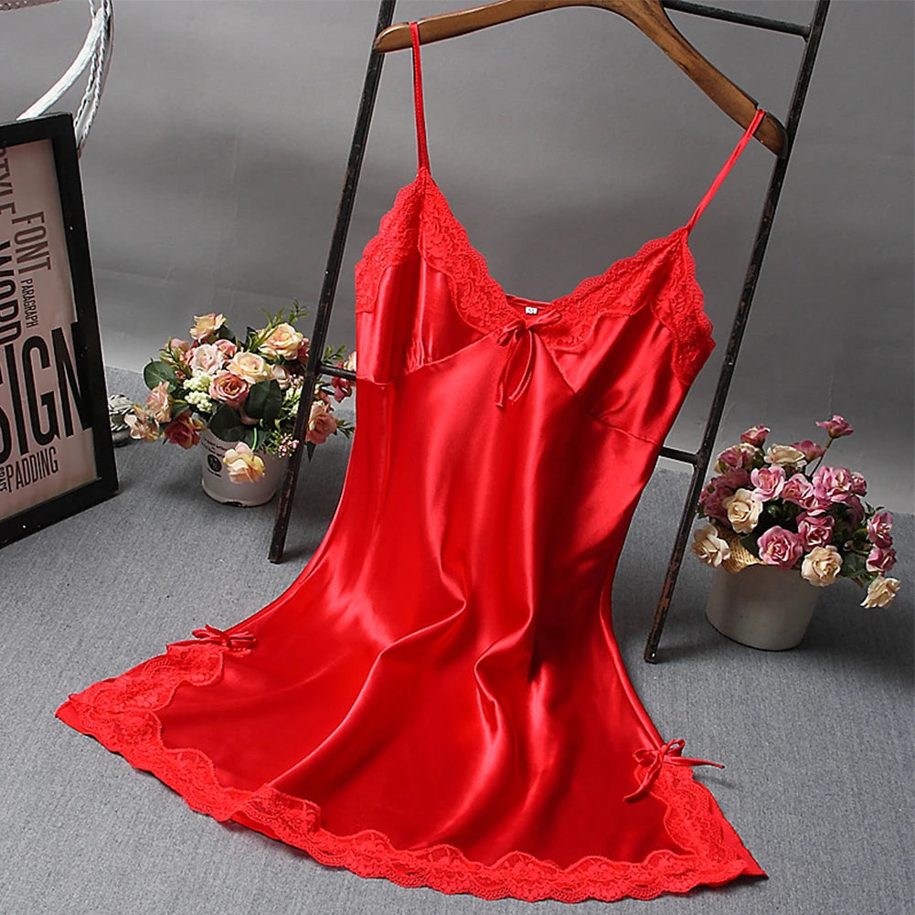Satin Lace Nightdress – Sexy Solid Color Wrap Sleepwear Short Dress