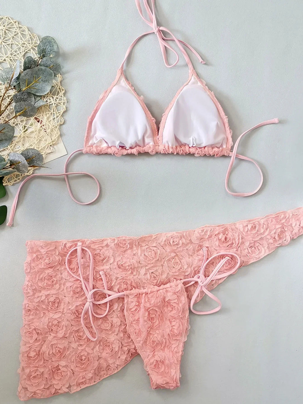 Women's Sexy 3 Piece Bikini Set 3D Flower Beach Skirt Swimsuit Pure Pink Triangle Halter Backless Thong Swimwear 2025 Summer New