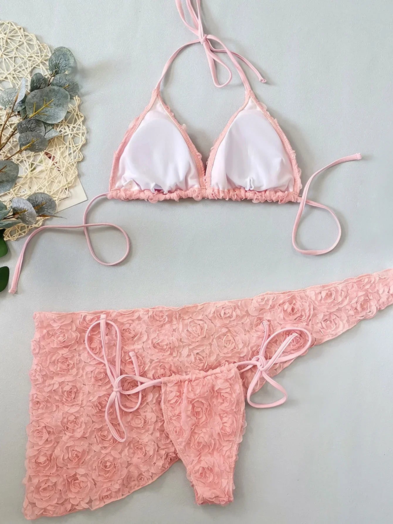 Women's Sexy 3 Piece Bikini Set 3D Flower Beach Skirt Swimsuit Pure Pink Triangle Halter Backless Thong Swimwear 2025 Summer New