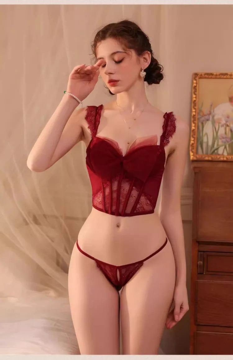 New Lace Lingerie Bra and Panty Set with Front Bow