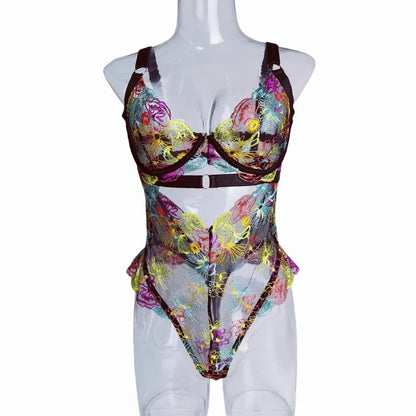 Floral Lace Push-Up Lingerie – One-Piece Embroidered Bikini Bra Bodysuit