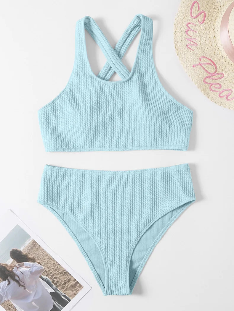 Sexy Bikini High Waist Women Swimsuit 2024 New Solid Ribbed Swimwear Push Up Bikinis Set Summer Beachwear Bathing Suit Female