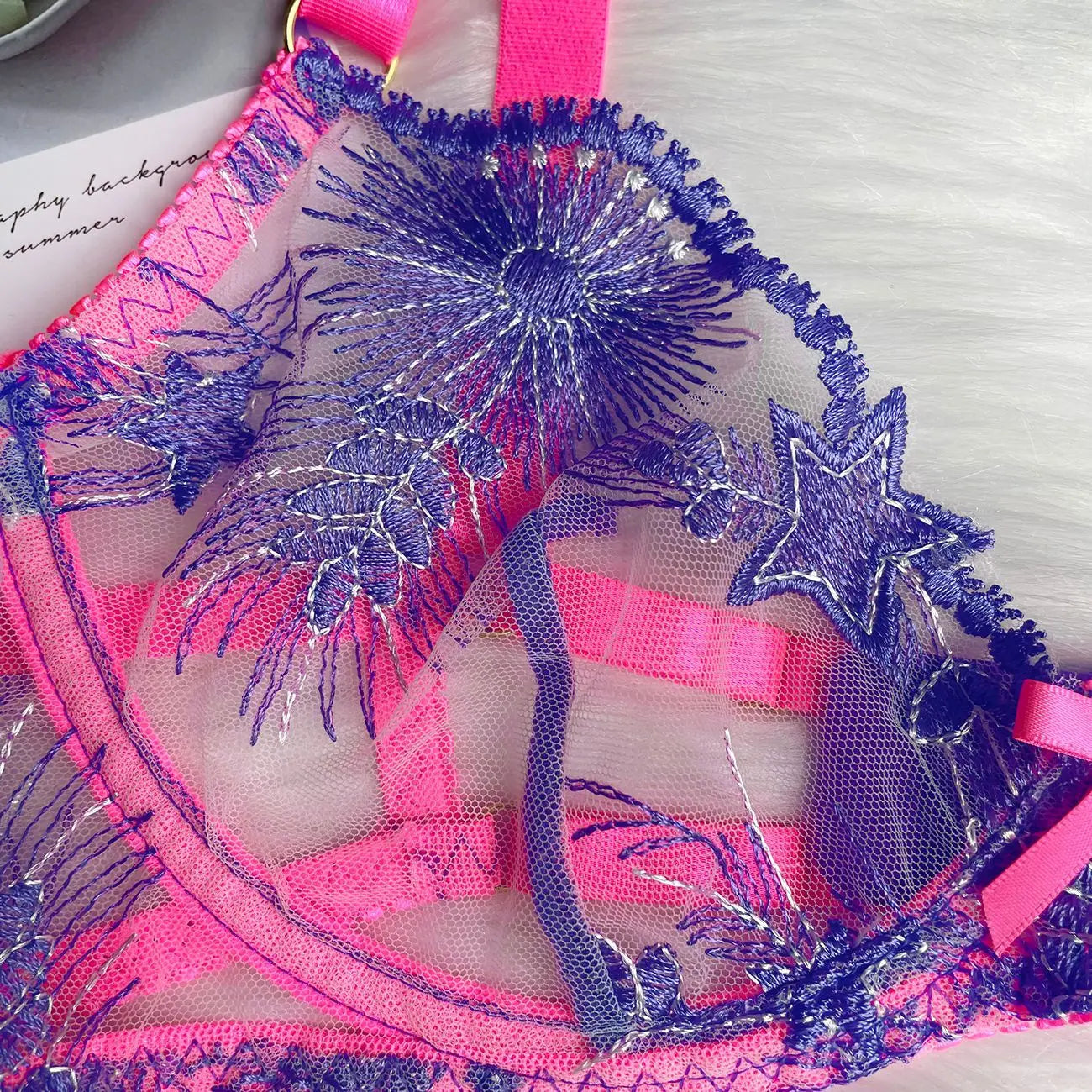 Pink Sheer Lace Floral Embroidery Lingerie Set