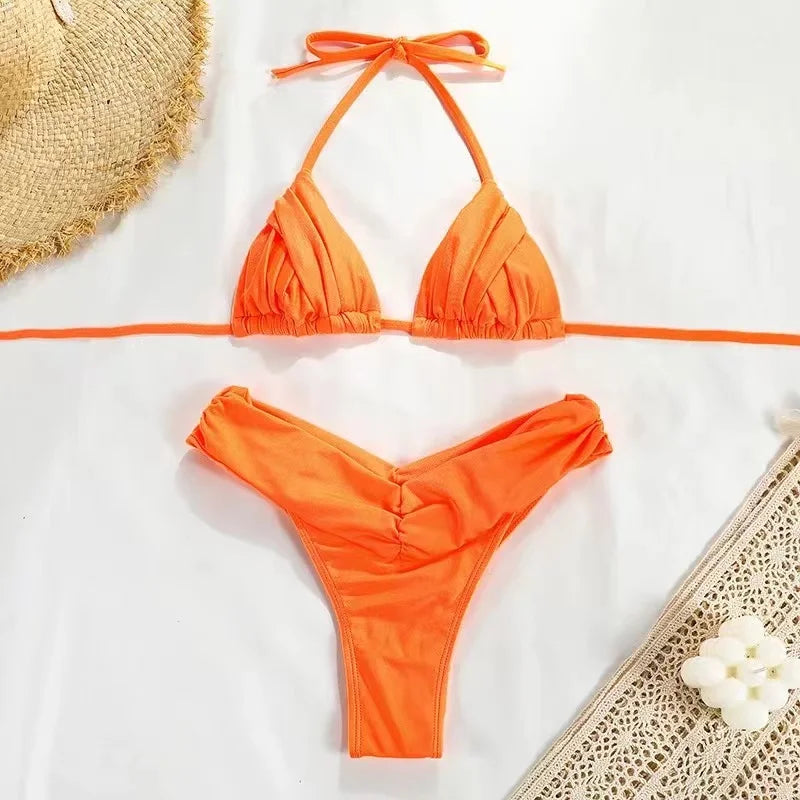 Sexy Micro Bikinis 2025 Women Halter Brazilian Bikini Set Female Pleated Swimsuit New Triangle Swimwear Beach Wear Bathing Suit