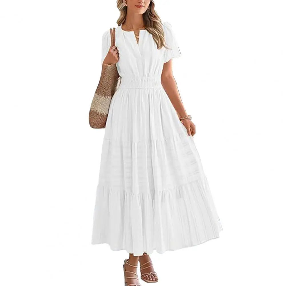 Celebration Party Outfit Elegant V-neck Maxi Dress with Smocked Waist Tiered Flowy Design for Women Summer Pleated Long Dress