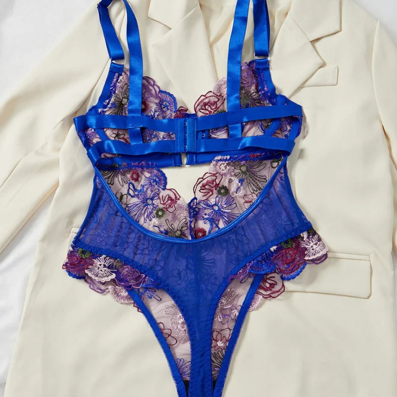 Floral Lace Push-Up Lingerie – One-Piece Embroidered Bikini Bra Bodysuit