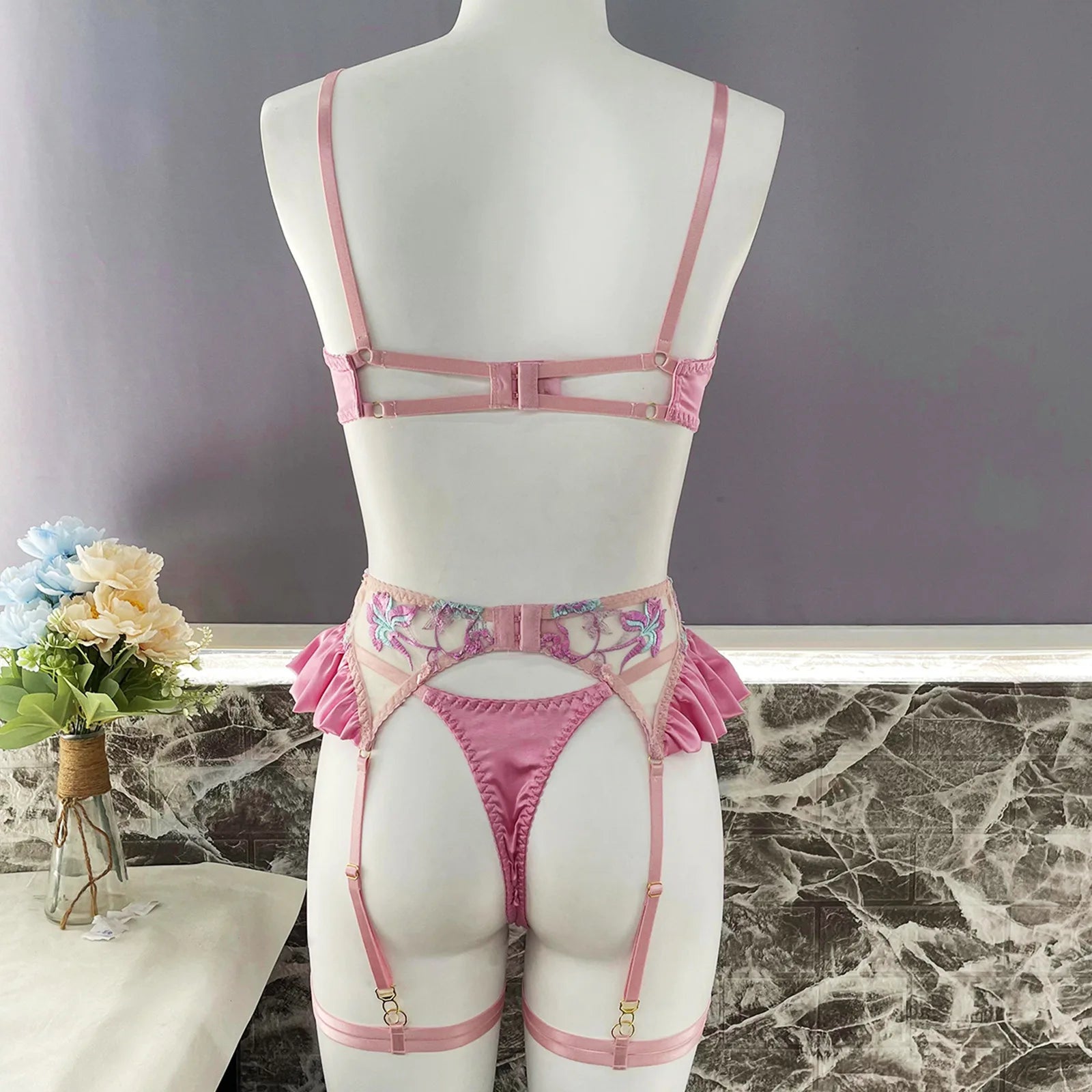 Ruffle Embroidery Push-Up Lingerie Set (4pcs)