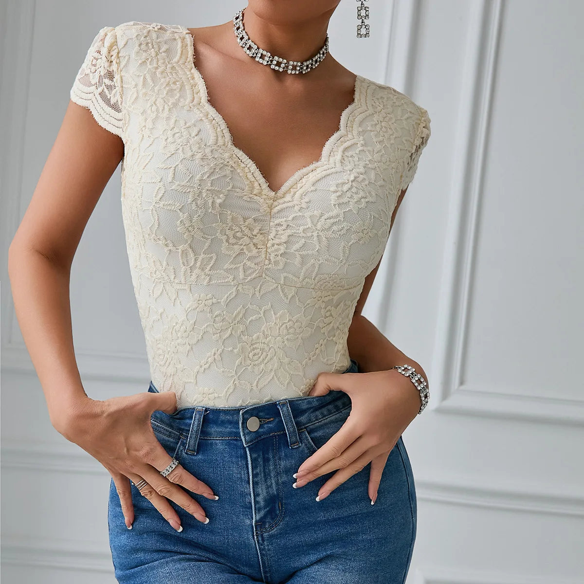 Women’s Floral Embroidery Lace Teddy – V-Neck Backless Bodysuit