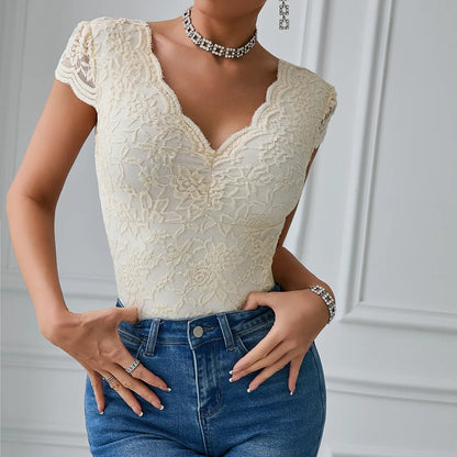 Women’s Floral Embroidery Lace Teddy – V-Neck Backless Bodysuit