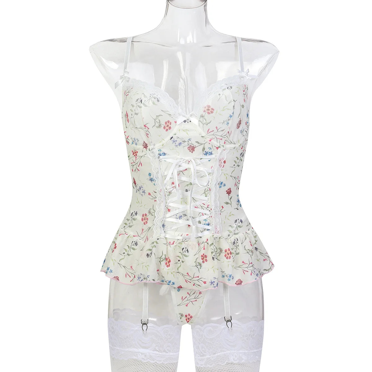 Lace-Up Corset Babydoll with Stockings