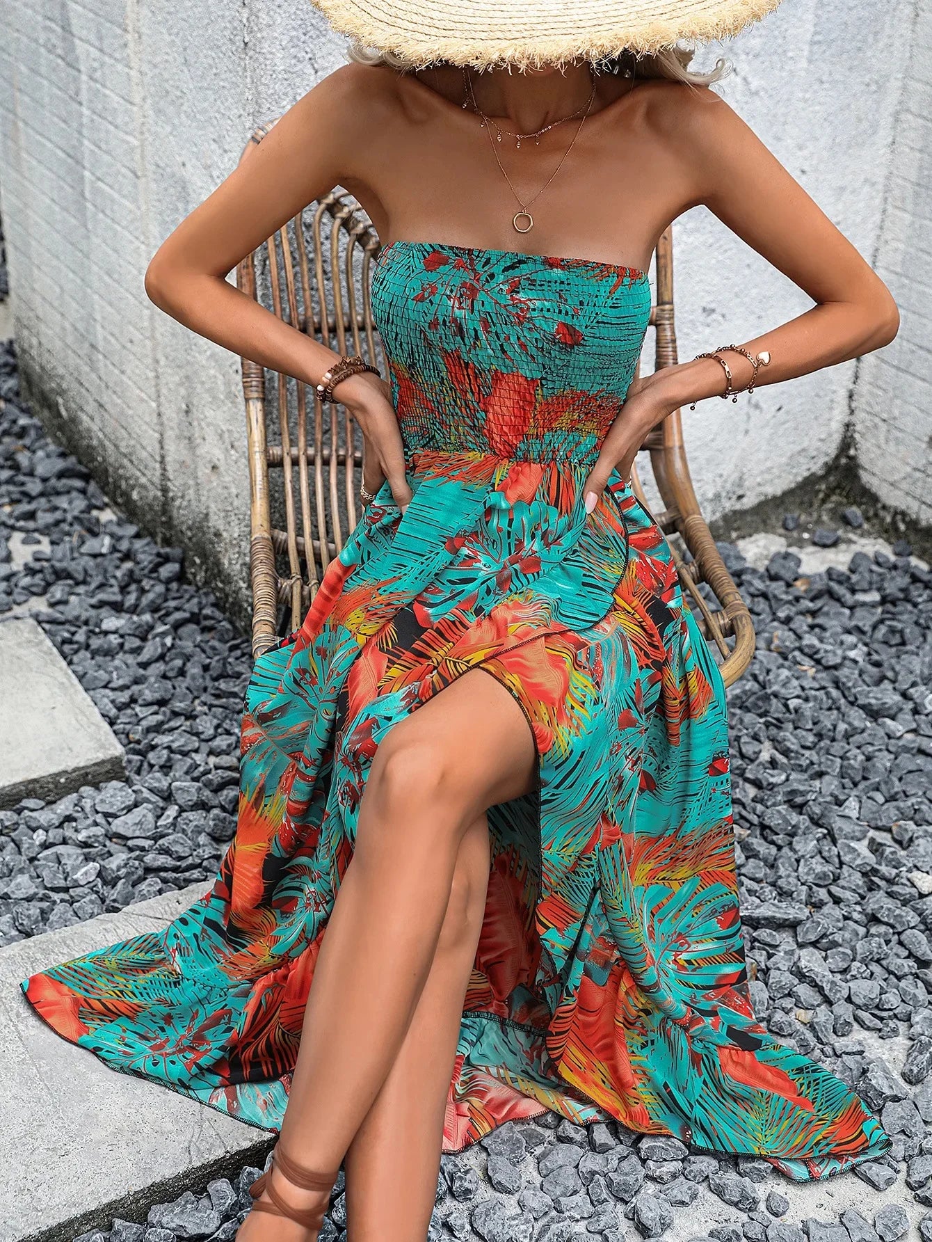 Casual Floral Wrap Bustle Dress