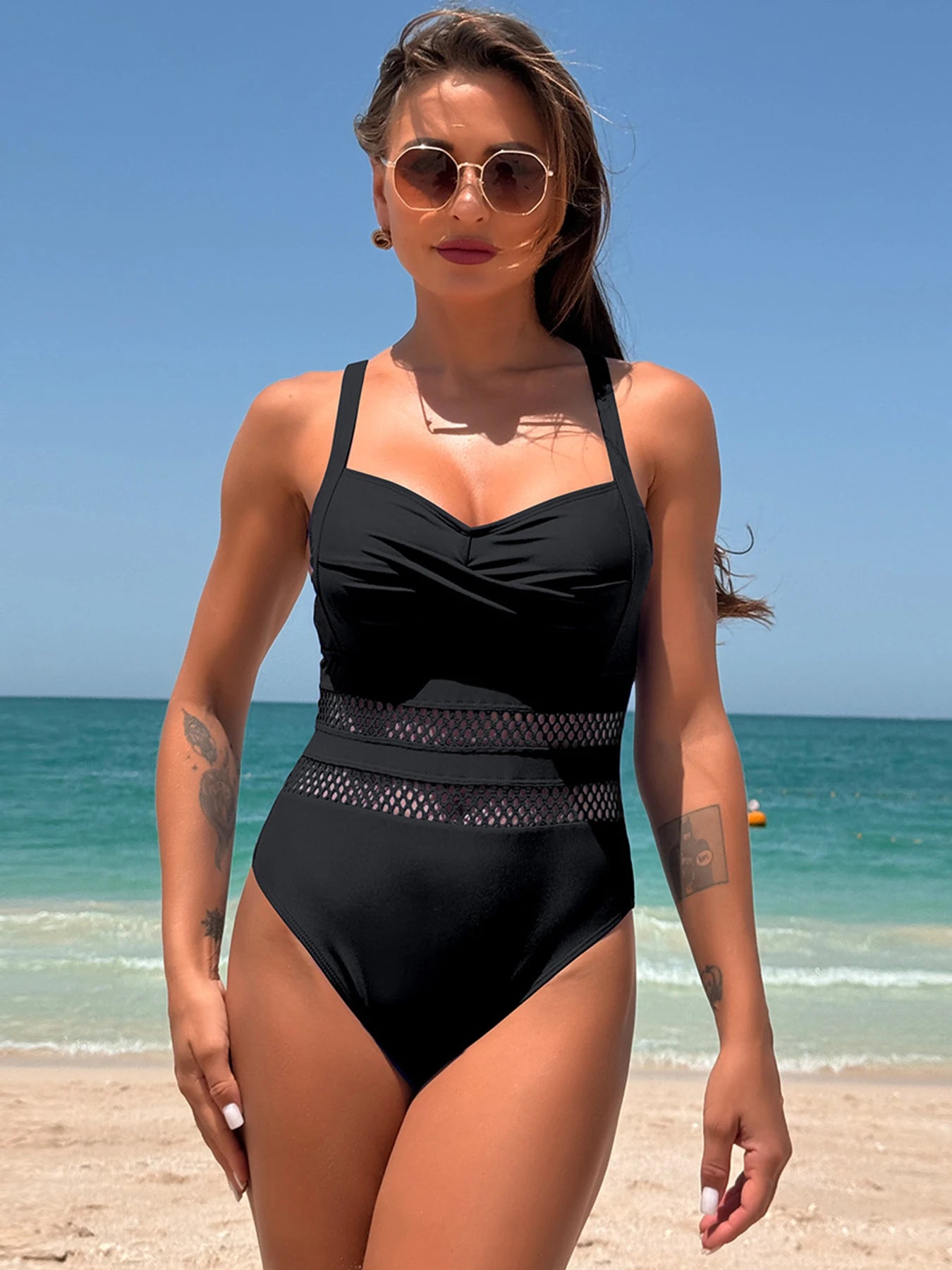Women’s Mesh Patchwork Cross Backless One-Piece Swimsuit