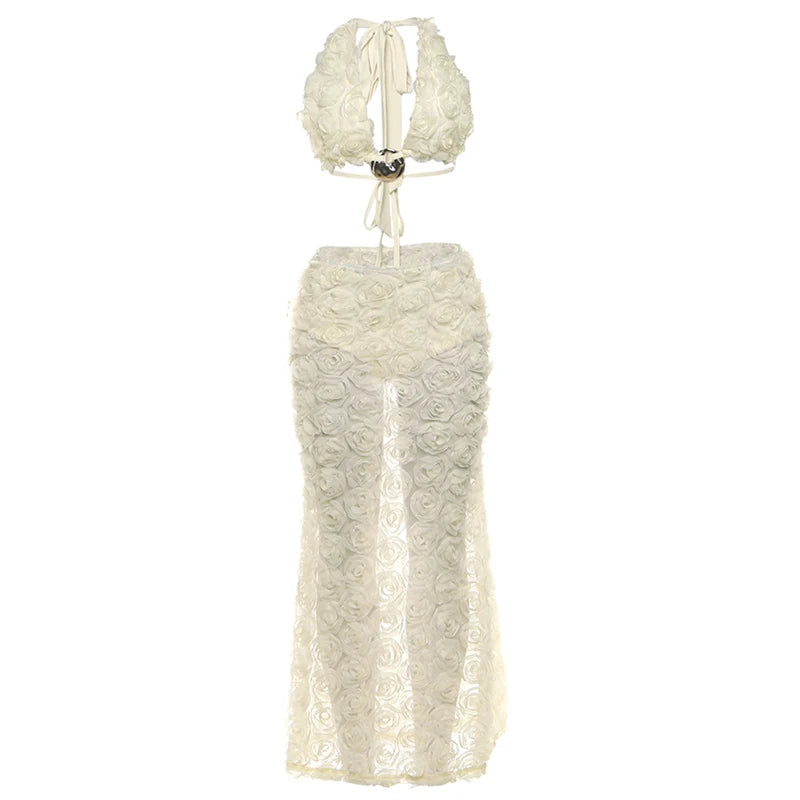 Sisterlinda 3d Flower Applique 3Piece Set Women Halter Metal Buckle Camisole+Briefs+See Through Long Skirts Ruched Elegant Suits