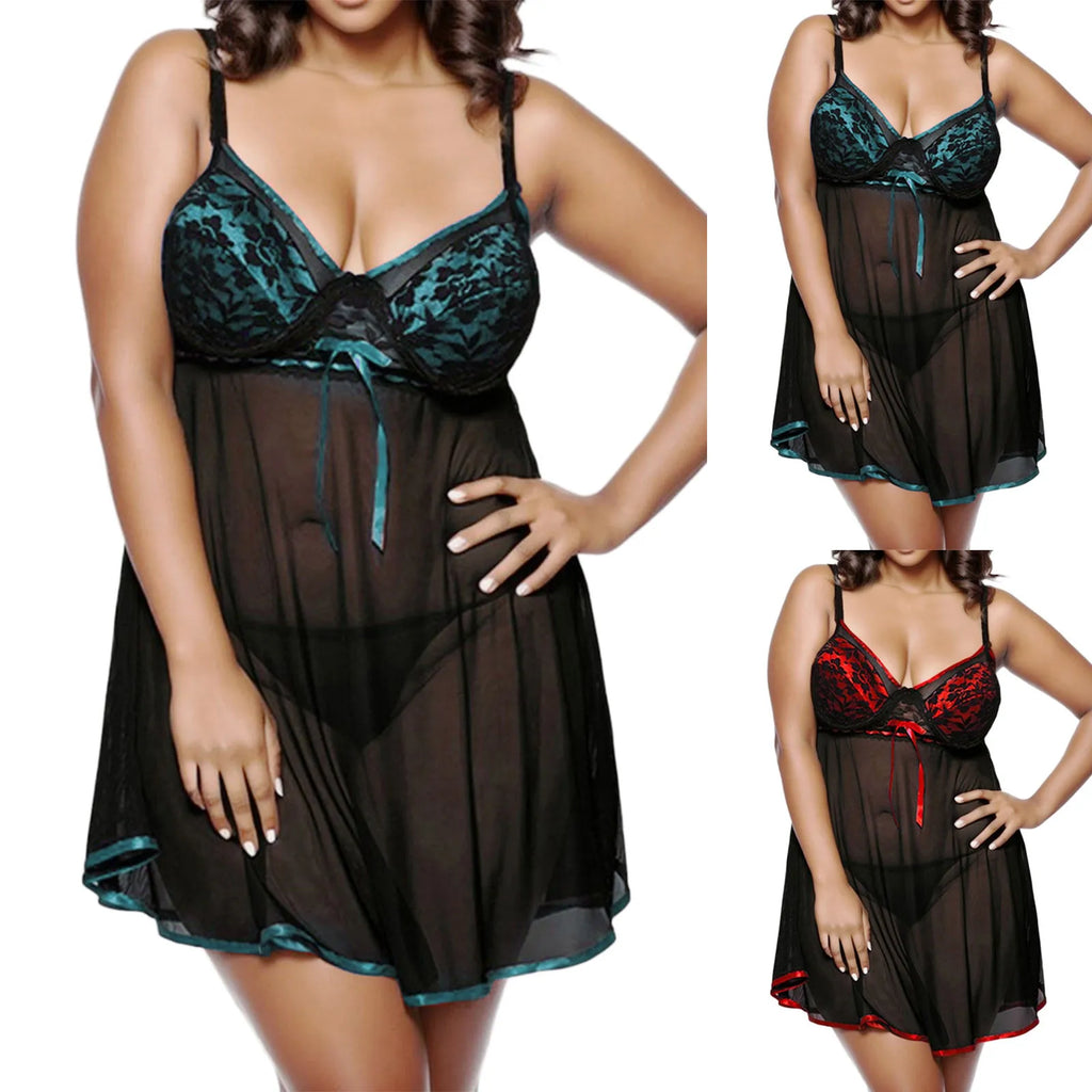 Plus Size Lace Mesh Babydoll & Thong Set
