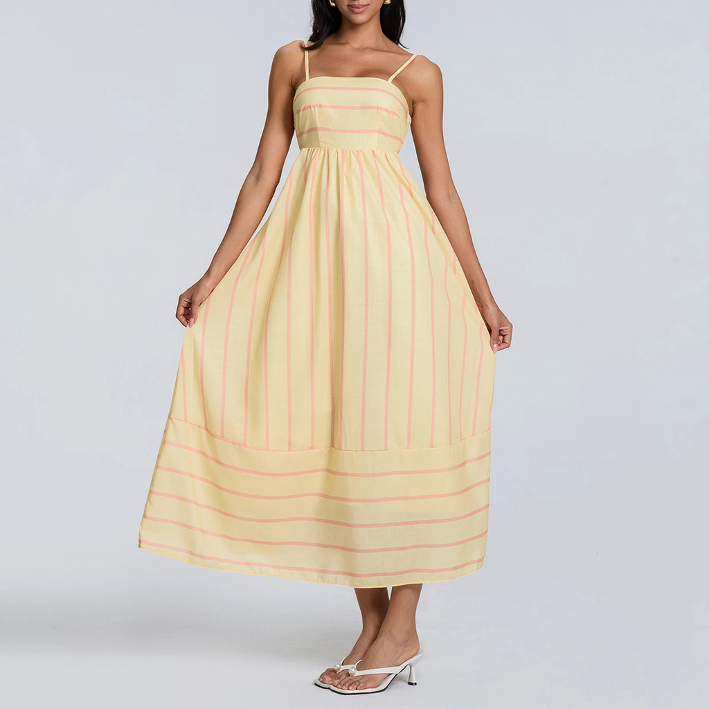 Women Summer Sexy Striped Print Sleeveless Backless Maxi Dress Spaghetti Strap Boho Flowy Female Fashion Club Party Vestidos