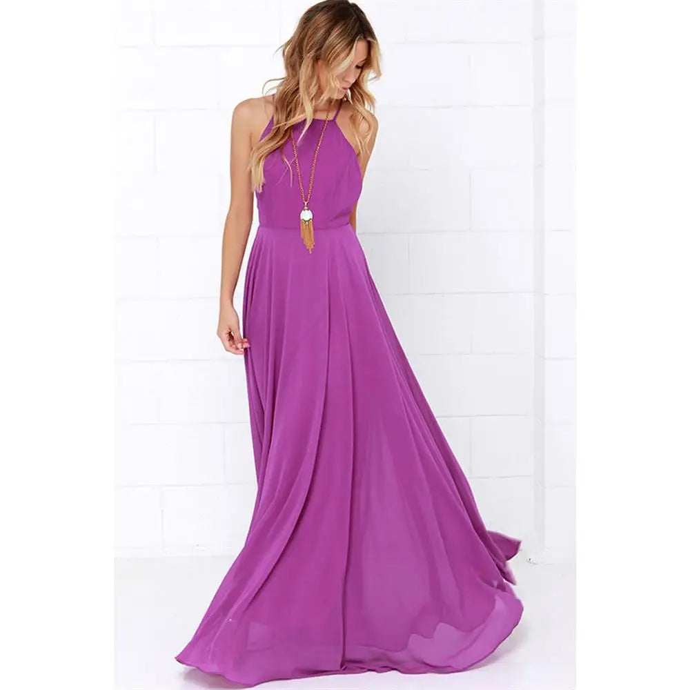 Fashion Women Summer Sleeveless Strap O neck Boho Dress Casual Long Maxi Evening Party Beach Backless Dress Sundress