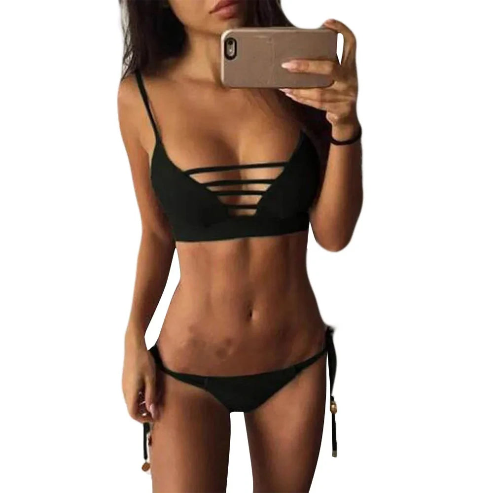 Sexy women bikini set solid color swimwear push up padded bra swimsuit sporty beachwear strap split bathing suit summer vacation