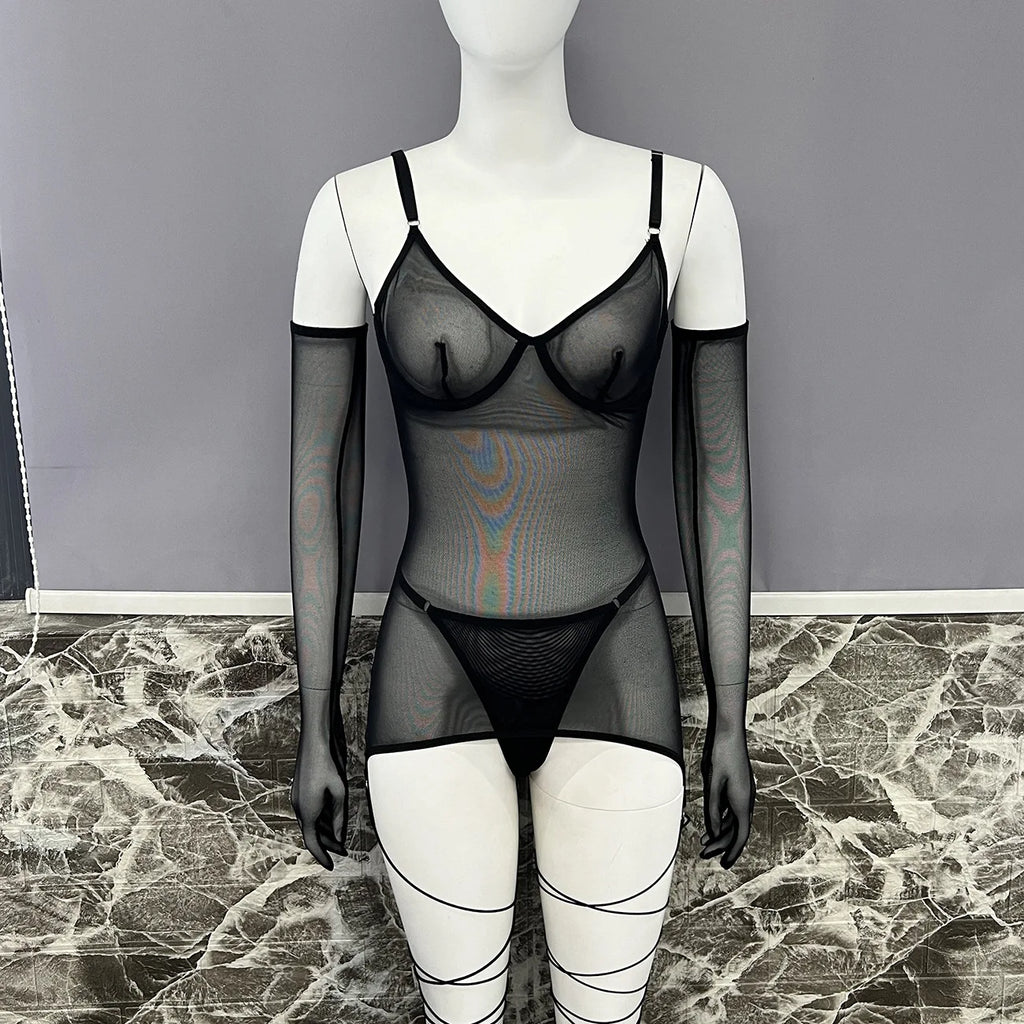4-Piece Sheer Mesh Lingerie Set – Backless Sexy Nightwear