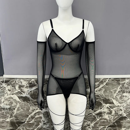 4-Piece Sheer Mesh Lingerie Set – Backless Sexy Nightwear