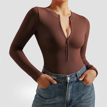 Seamless Long Sleeve Athletic Bodysuit – Half Zipper Quick-Dry Yoga & Fitness Wear