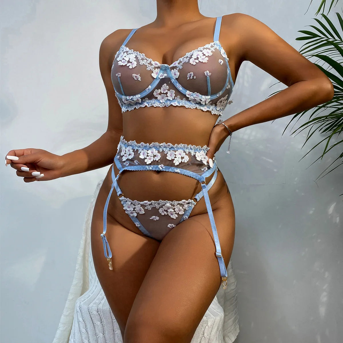 Floral Lace Transparent Bra & Thong Lingerie Set (3pcs)