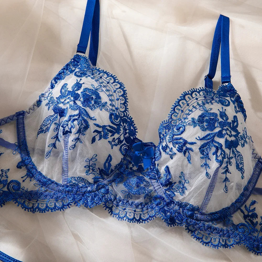Floral Embroidery Mesh Lingerie Set – 2 Piece