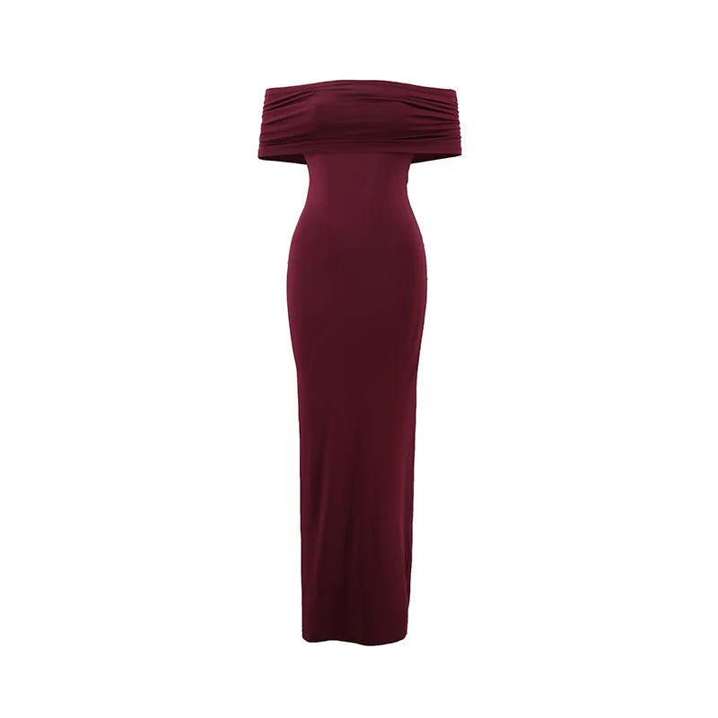 Women's European and American summer sexy temperament, one shoulder exposed backpack, hip cinched pleated solid color dress