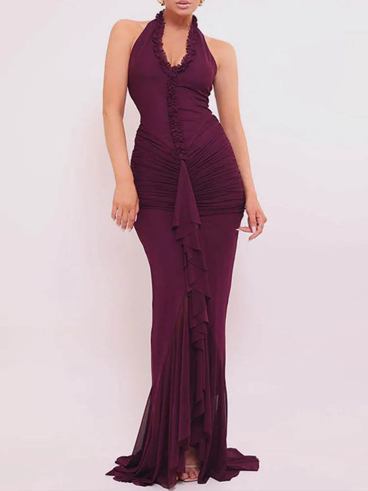 Mesh Pleated Evening Split Maxi Dress Ruffled Sexy Halter Deep V Neck Backless Slim Bodycon Long Dress Elegant Partywear
