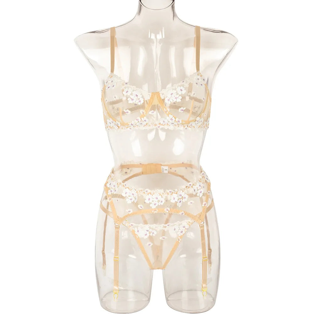 Floral Lace Transparent Bra & Thong Lingerie Set (3pcs)