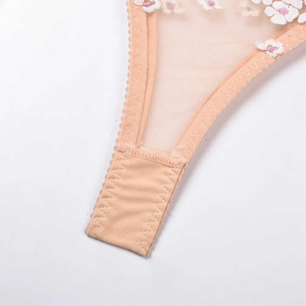 Floral Lace Transparent Bra & Thong Lingerie Set (3pcs)