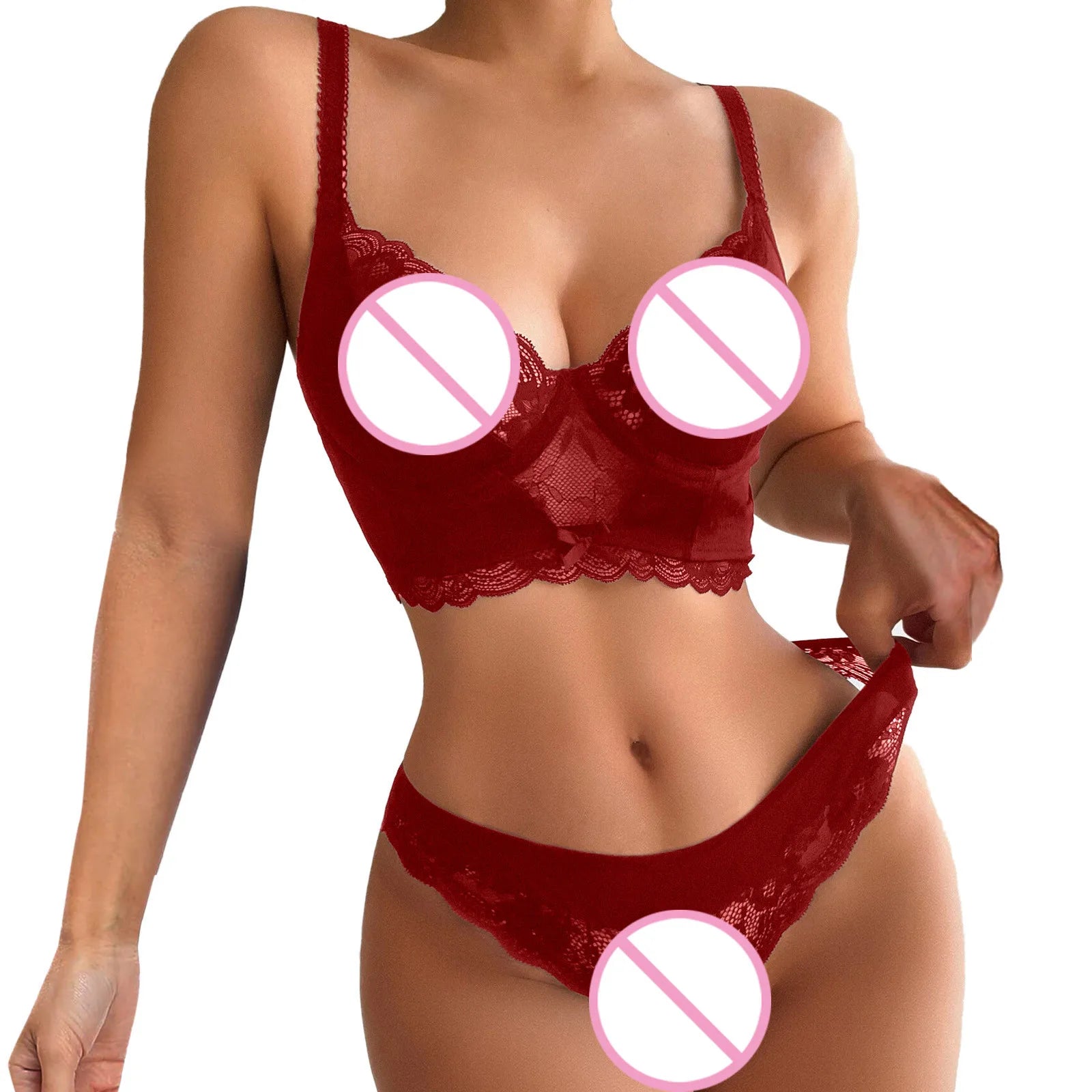 Plus Size Red Floral Lace Push Up Bra Set