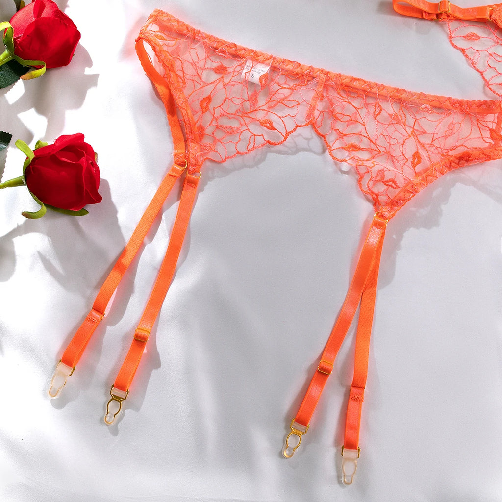 Sheer Mesh Embroidery Lingerie Set (3pcs)