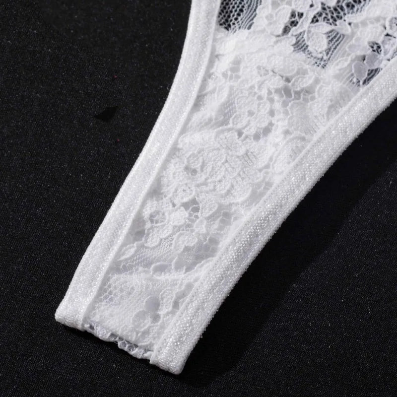 Transparent Lace Bra & Thong with Garter Belt