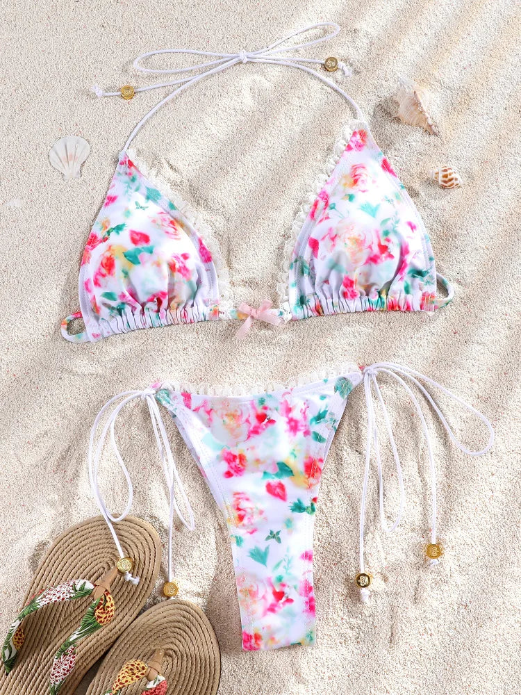 Floral Print Bordered Bikini Set Sexy Swimwear Women 2025 Bikinis Swimsuit Micro Thong Bandage Bathing Suits