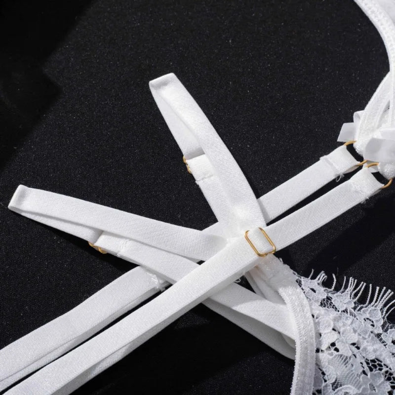 Transparent Lace Bra & Thong with Garter Belt