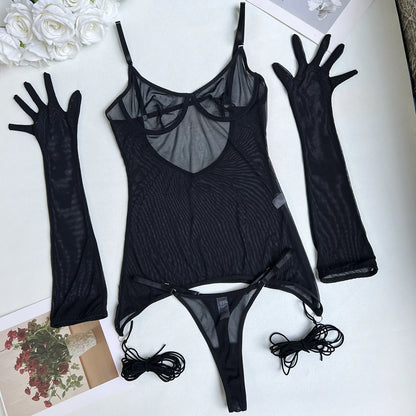 4-Piece Sheer Mesh Lingerie Set – Backless Sexy Nightwear