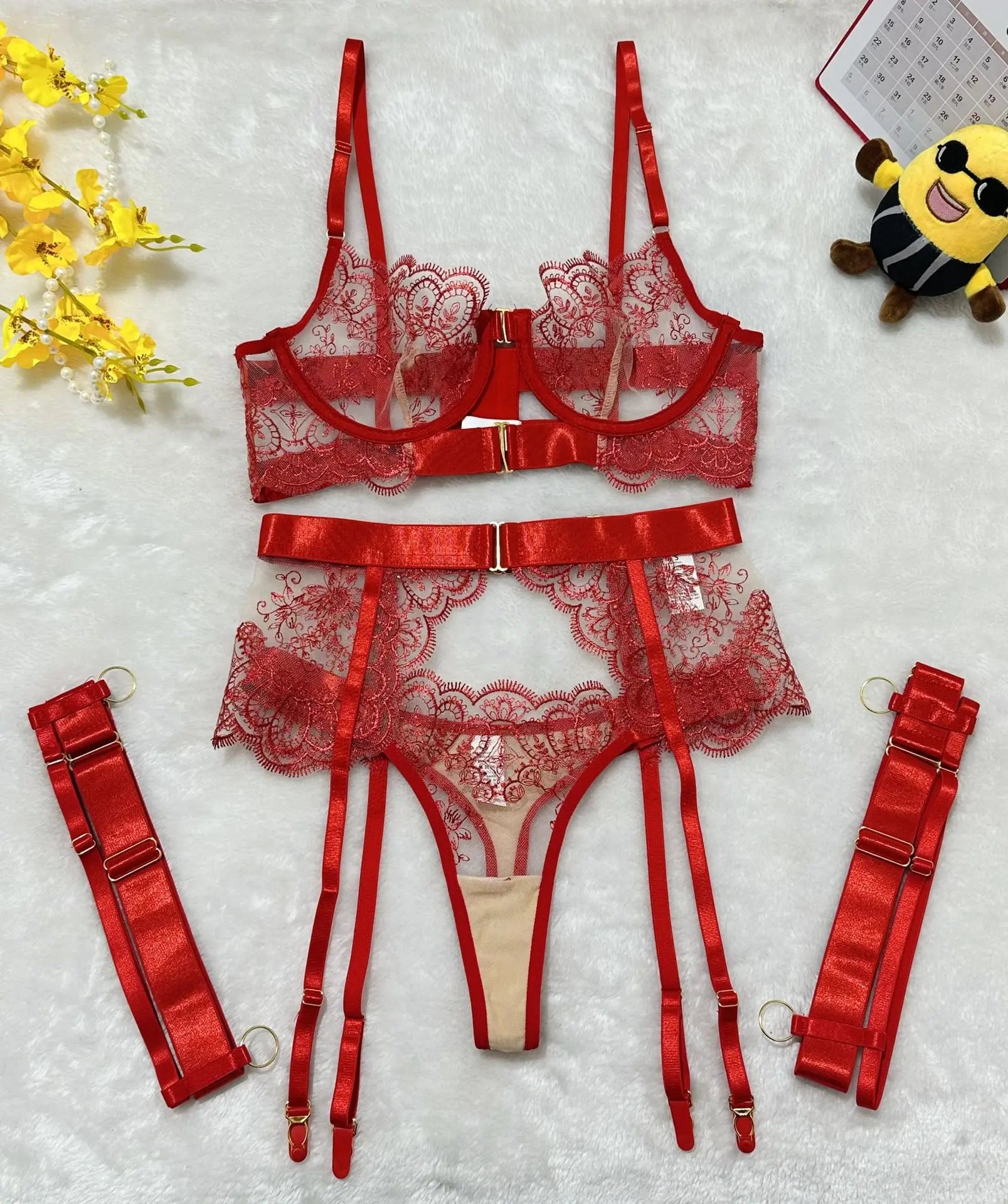 Floral Embroidery Push-Up Bra & Thong Set